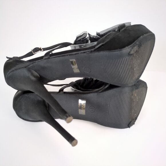 Wild Diva Ruffle Front Black Satin Stiletto Heel Strappy Shoes Women's 11 Buckle - Picture 8 of 9